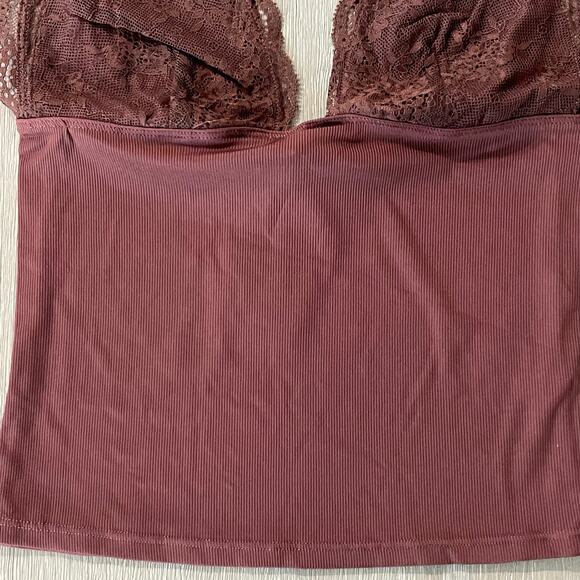 Intimately Free People Power Play Cami Ribbed Stretch Lace Top Plunge Neck Sz S - Picture 9 of 11